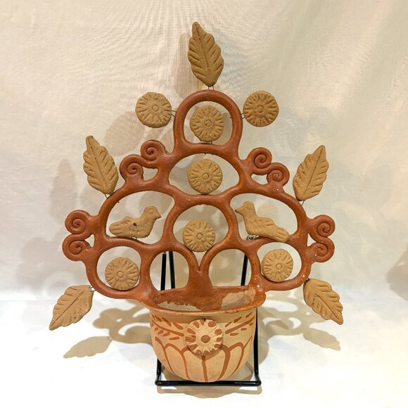 Mexican Folk Art Terracotta Redware Tree of Life Wall Pocket Planter - Picture 1 of 5